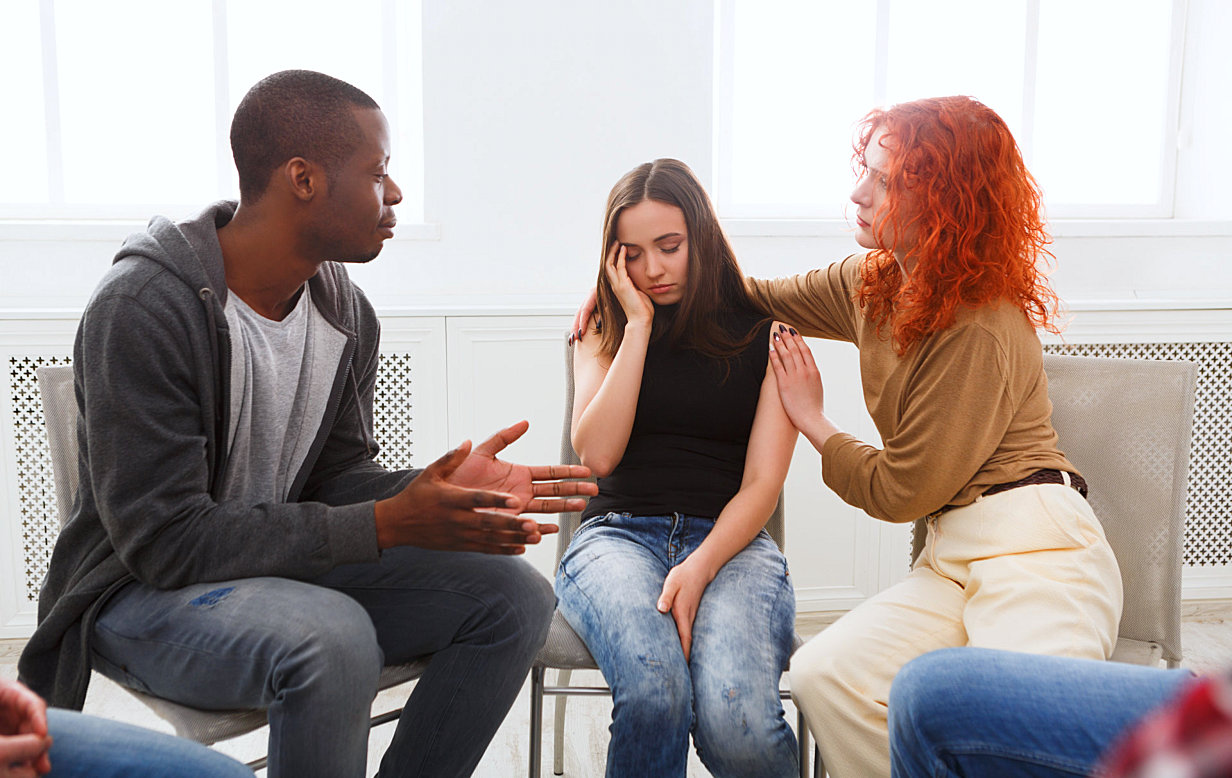 man together with teenage woman talking about problems